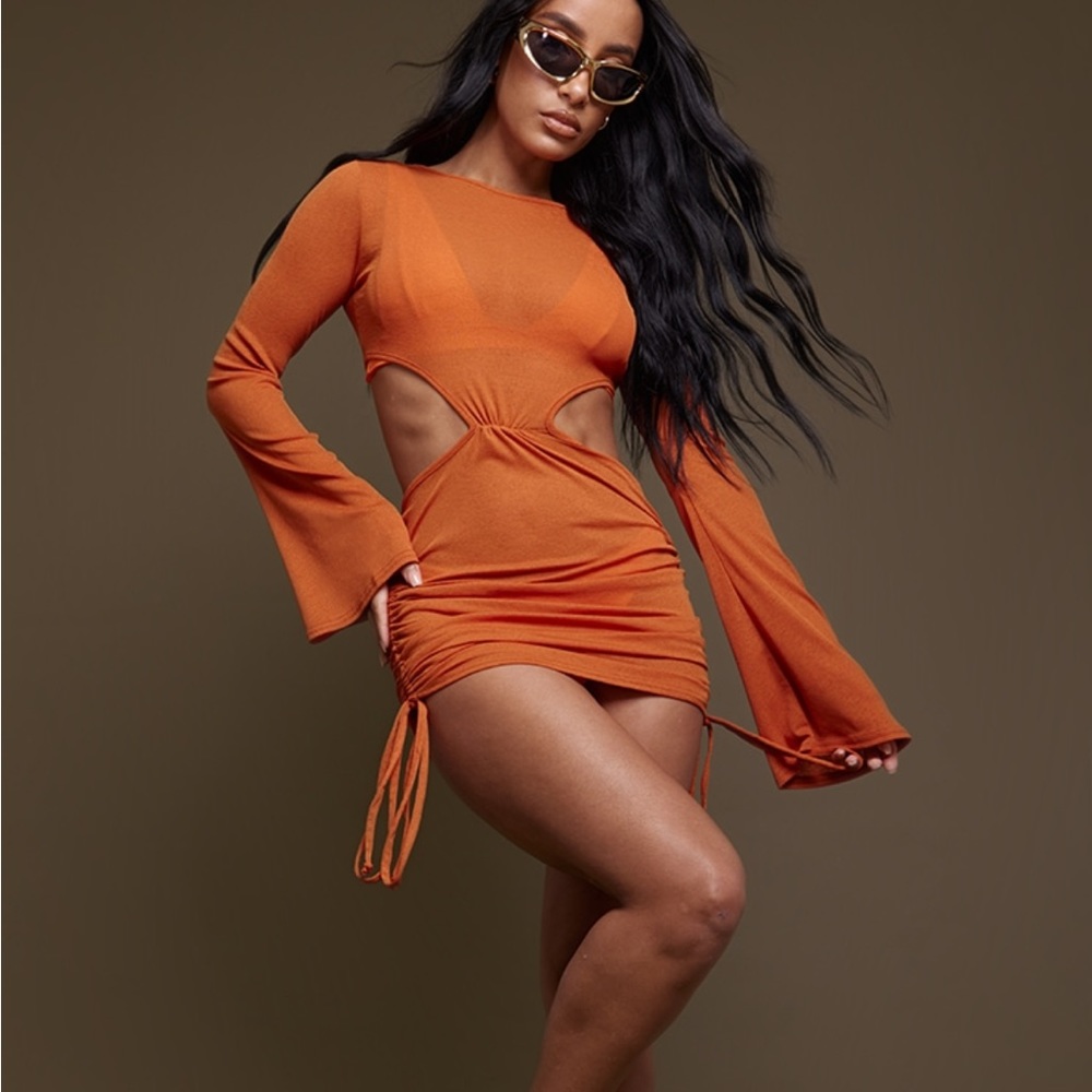 Rust Bell Sleeve Cut Out Mini Beach Dress